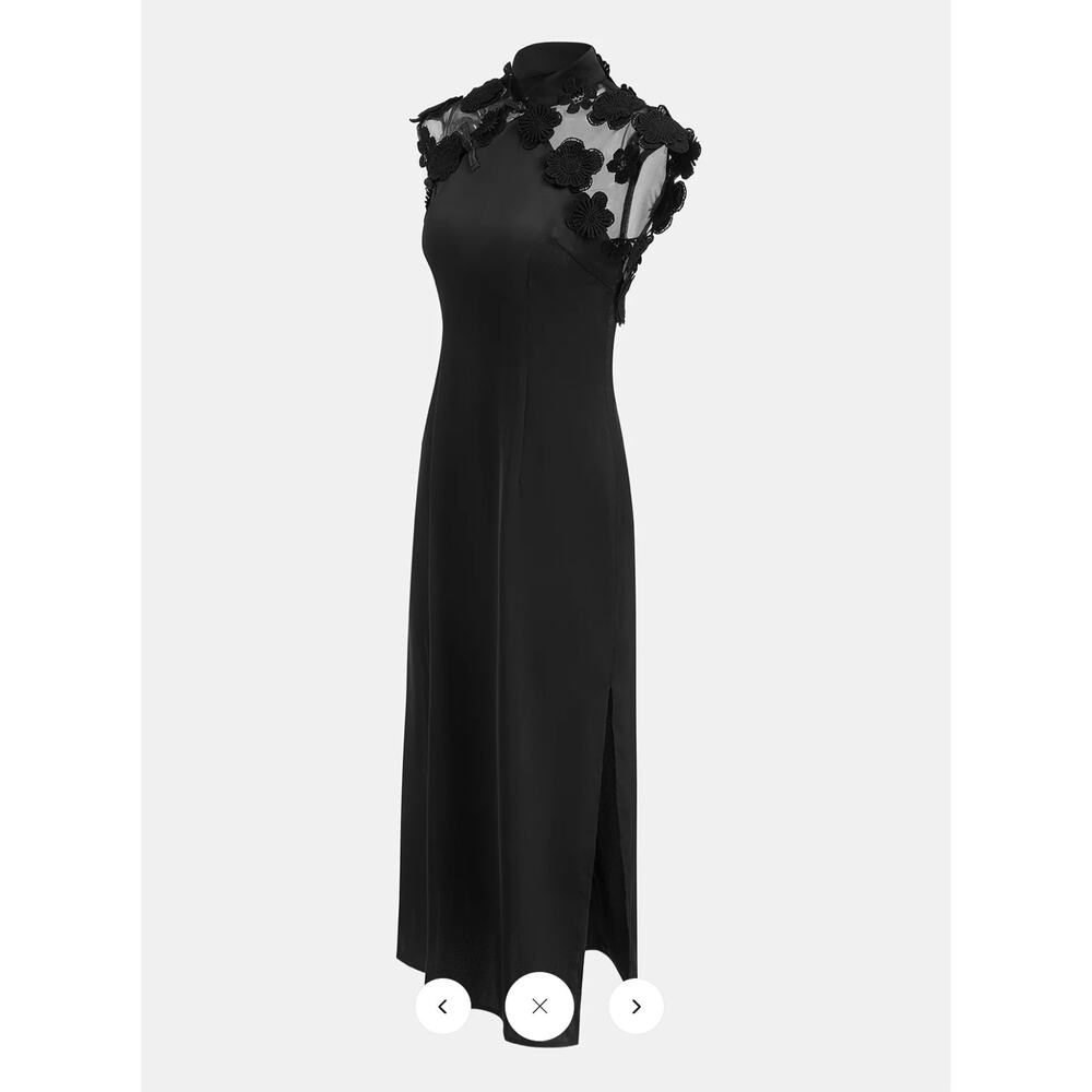 NWT Commense Floral Appliqué Sheer Back Mandarin Collar Maxi Dress Sz L - Picture 4 of 7